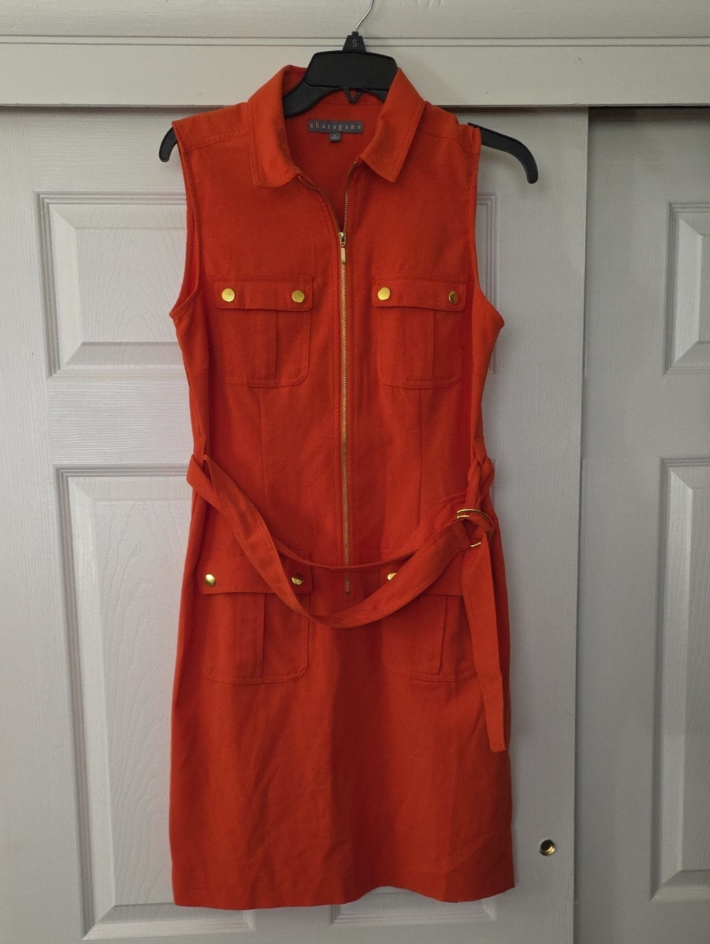 Bright Orange Sleeveless Zip Belted Dress